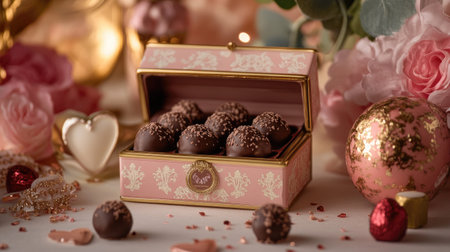 A Valentine's Day gift featuring a set of chocolate truffles in a decorative box, surrounded by love-themed decorの素材