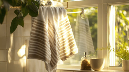 Two striped towels gently swaying on a rope clothesline in a breezy, sunlit bathroom.の素材