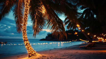 A tropical palm tree decked out with warm twinkling lights, illuminated on a cool night beside a beach.の素材