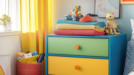 A vibrant modern chest of drawers in a colorful bedroom, showcasing folded clothes and playful decor like figurines and books.の素材