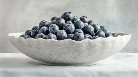 A textured white bowl brimming with plump blueberries, the vibrant colors creating a striking contrast.の素材