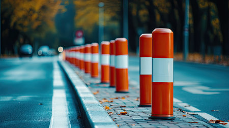 A row of orange traffic poles with plastic tubes in red and white lining a bike lane for safetyの素材