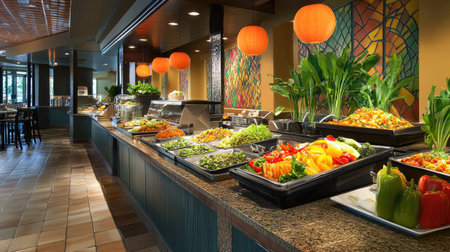 A vibrant buffet line showcasing vegan options, with plant-based proteins and colorful vegetable dishesの素材