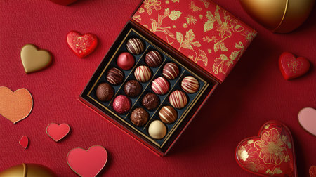 A Valentine's Day gift featuring a set of chocolate truffles in a decorative box, surrounded by love-themed decorの素材