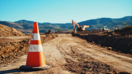 Single traffic cone on a dirt road, with a construction site and machinery visible in the distanceの素材
