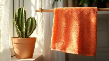 A vibrant orange towel drying on a wooden clothesline near a small potted cactus in a cozy bathroom.の素材