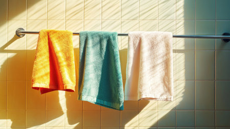 Two colorful towels hanging neatly on a metal clothesline against a tiled bathroom wall, sunlight streaming in.の素材