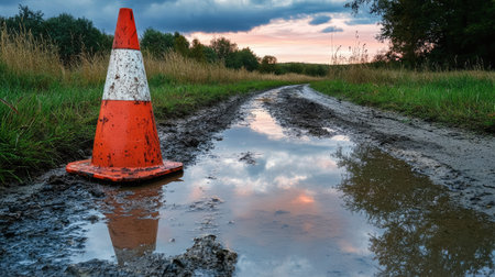 A traffic cone placed on a muddy rural path after heavy rain, with puddles reflecting the cloudy skyの素材