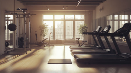 A well-lit gym with an empty electric treadmill, focusing on its clean design and spacious workout area.の素材