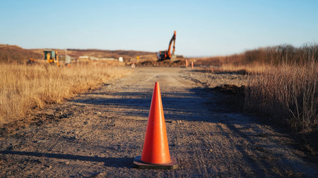 Single traffic cone on a dirt road, with a construction site and machinery visible in the distanceの素材