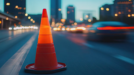 Orange traffic cone on a highway, with blurred motion of passing cars in the backgroundの素材