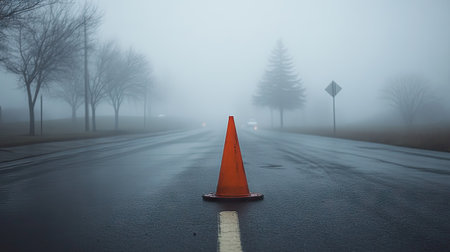 Single traffic cone on a foggy road, with faint outlines of trees and cars in the distanceの素材