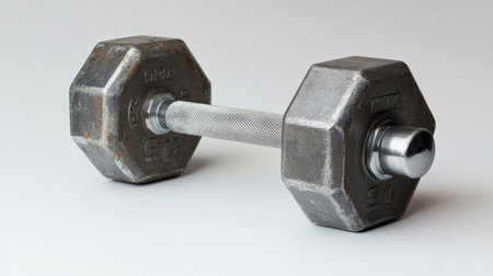 A steel dumbbell with a hexagonal design, isolated on a white surface, displaying its robust construction.の素材