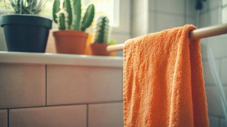 A vibrant orange towel drying on a wooden clothesline near a small potted cactus in a cozy bathroom.の素材