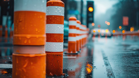 Orange traffic poles and red and white plastic tubes forming a temporary barrier on a rainy dayの素材