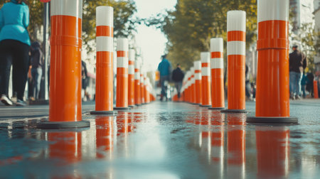 Orange traffic poles and red and white plastic tubes creating a clear path for pedestrians during a festivalの素材