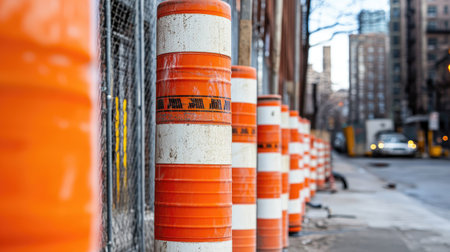 A temporary fence using orange traffic poles and red and white plastic tubes in front of a building under repairの素材