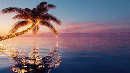 A tropical paradise setting with a palm tree wrapped in sparkling lights, casting reflections on a calm ocean.の素材
