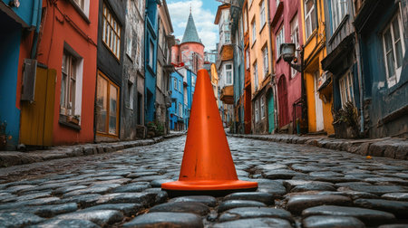 Orange traffic cone on a cobblestone street in an old town, with colorful buildings surrounding itの素材