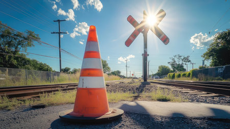 A traffic cone standing tall on a sunny day near a railroad crossing with tracks visibleの素材