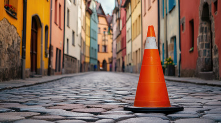 Orange traffic cone on a cobblestone street in an old town, with colorful buildings surrounding itの素材