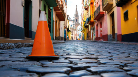 Orange traffic cone on a cobblestone street in an old town, with colorful buildings surrounding itの素材