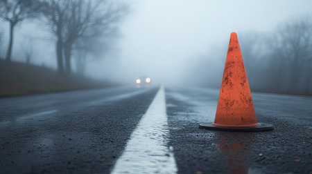 Single traffic cone on a foggy road, with faint outlines of trees and cars in the distanceの素材