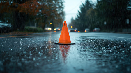 Orange traffic cone placed on a wet asphalt road during a rainy day, with raindrops visible on the surfaceの素材