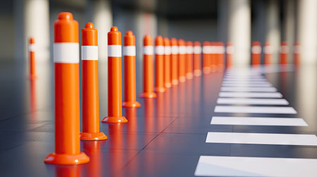 A queue management area bordered with orange traffic poles and plastic tubes in red and whiteの素材