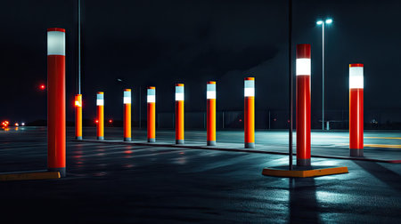 A nighttime scene with orange traffic poles and reflective red and white plastic tubes illuminated by headlightsの素材