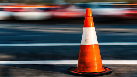 Traffic cone on a racetrack, with a blurred motion of cars speeding past in the backgroundの素材