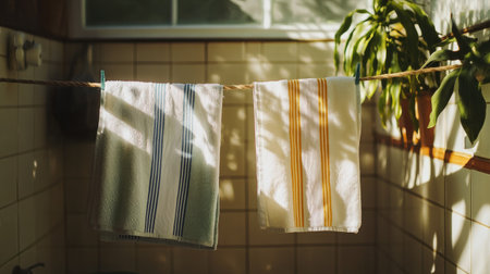 Two striped towels gently swaying on a rope clothesline in a breezy, sunlit bathroom.の素材
