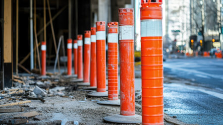 A temporary fence using orange traffic poles and red and white plastic tubes in front of a building under repairの素材