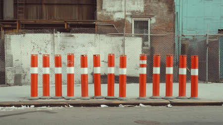 A temporary fence using orange traffic poles and red and white plastic tubes in front of a building under repairの素材