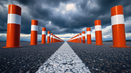 A temporary roadblock made of orange traffic poles and red and white plastic tubes under a cloudy skyの素材