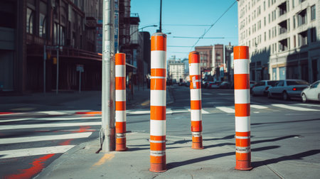 Orange traffic poles connected by red and white plastic tubes used to mark a no-parking zoneの素材