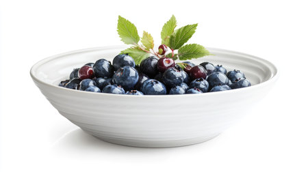 A white ceramic bowl overflowing with fresh blueberries, perfectly isolated on a clean white background.の素材