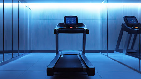 A well-maintained electric treadmill with a digital display screen, standing empty in a clean and modern gym space.の素材