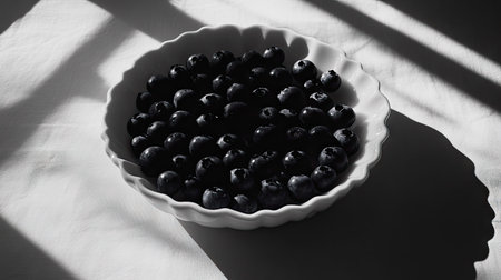 A white porcelain bowl filled with blueberries, casting a soft shadow on a white surface.の素材