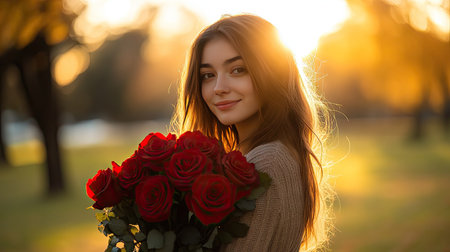 A young woman standing in a park with a bouquet of red roses, surrounded by a romantic sunset glowの素材