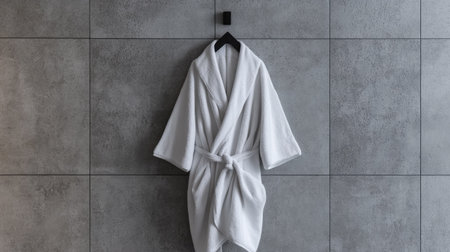 A white bathrobe hanging on a minimalist black hook against a gray concrete-textured bathroom wall.の素材