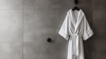 A white bathrobe hanging on a minimalist black hook against a gray concrete-textured bathroom wall.の素材