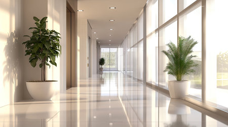 A well-lit hallway in a contemporary building, featuring smooth walls, reflective flooring, and a clean, serene atmosphereの素材