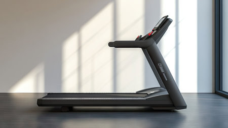 A well-maintained electric treadmill with a digital display screen, standing empty in a clean and modern gym space.の素材