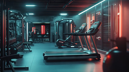 A wide shot of an empty electric treadmill in a gym, surrounded by other fitness equipment, ready for a workout session.の素材