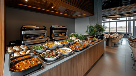 Open buffet setup with warming trays filled with hearty soups, curries, and stews, surrounded by fresh breadの素材