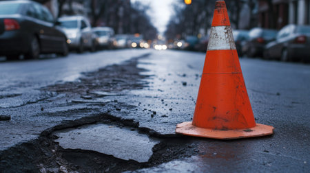 Bright orange traffic cone placed in front of a large pothole on a busy urban streetの素材