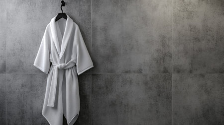 A white bathrobe hanging on a minimalist black hook against a gray concrete-textured bathroom wall.の素材