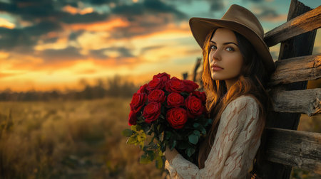 A woman leaning against a rustic wooden fence, holding a bouquet of red roses, with a warm evening sky behind herの素材
