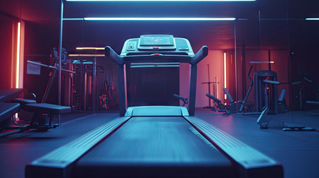 A wide shot of an empty electric treadmill in a gym, surrounded by other fitness equipment, ready for a workout session.の素材
